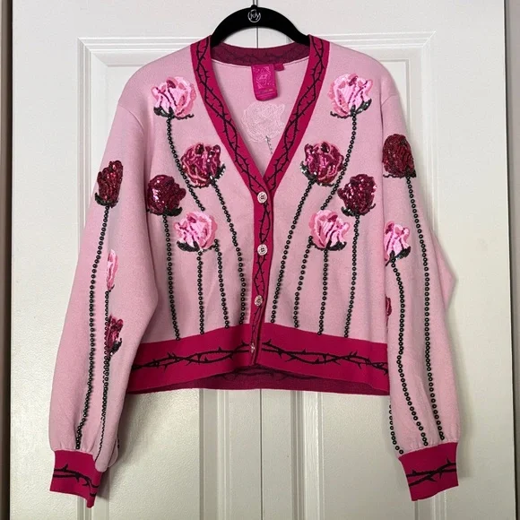 QUEEN OF SPARKLES Pink Rose Embellished Cardigan - Picture 4 of 9